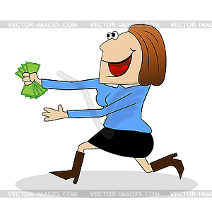 Cheerful woman flees with money in hands - vector clipart