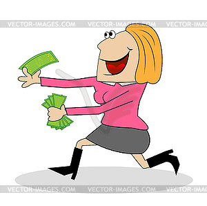 Cheerful woman flees with money in hands - vector EPS clipart