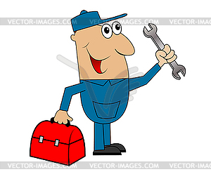 Мужчина механик стоял с ключом и сумки - клипарт в векторном формате