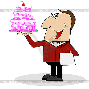 Male waiter with cake - vector image