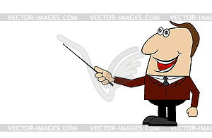 Cheerful business man with pointer in hand - vector clipart