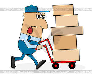 Tired man porter carries box on trolley - vector clipart