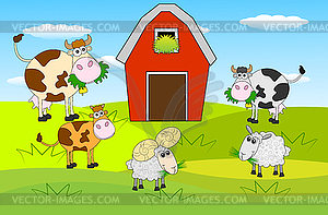 Animals graze on green lawn near farm - vector EPS clipart