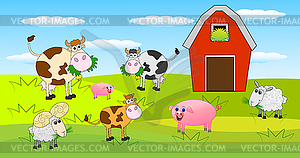 Animals graze on green lawn near farm - vector clipart