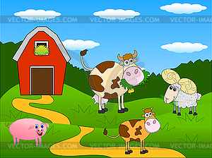 Animals graze on green lawn near farm - vector image