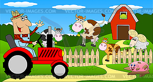 Man is farmer on tractor and cows on meadow - royalty-free vector clipart