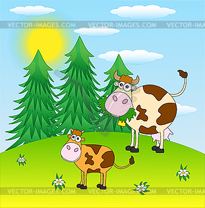 Spotted cows grazing in meadow - vector clip art