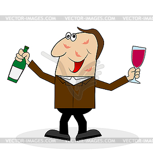 Drunk man with glass and bottle of wine - vector clipart / vector image