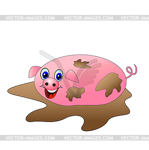 Dirty pig lying in puddle - vector clipart