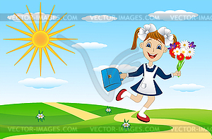 Веселая девушка с букетом цветов и портфелем - изображение в векторном виде
