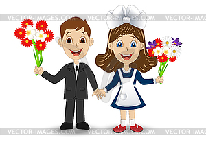 Merry girl and boy with bouquets of flowers - vector clipart