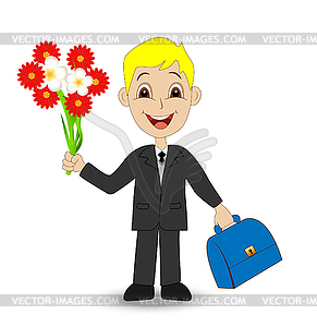 Cheerful boy with bouquet of flowers - vector clip art