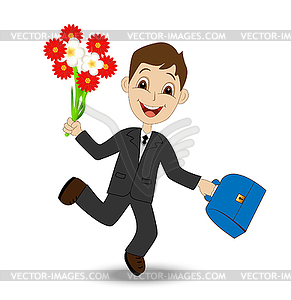 Cheerful boy with bouquet of flowers - vector clipart