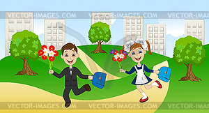 Merry girl and boy running to school - color vector clipart