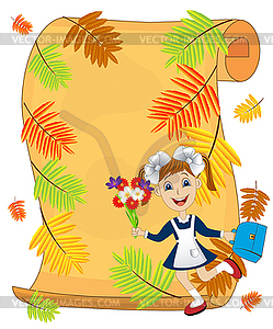 Cheerful girl in school uniform amid branches of as - vector clipart