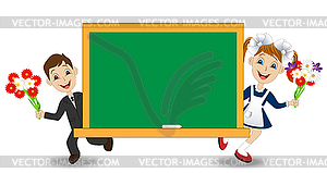 Funny babies with flowers and school Board - vector image