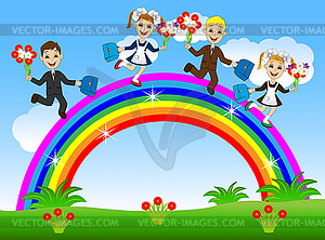 Fun children school children run by rainbow - vector image