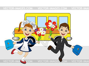 Merry girl and boy running to school - vector image