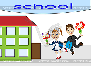 Merry girl and boy running to school - vector clipart