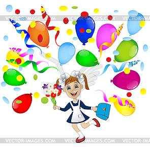 Cheerful girl in school uniform and balloons - stock vector clipart