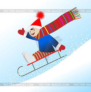 Cheerful boy is rolling on sledge of mountain - vector clipart