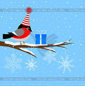 Bullfinch with present sitting on tree branch - vector image