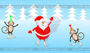 Jolly Santa Claus and two monkeys skate on ice - vector image