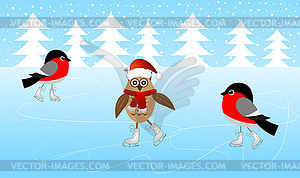 Owl and two bullfinch skate on ice - royalty-free vector image