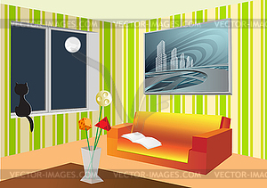 Room with bouquet and sofa - vector clip art