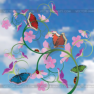 Дерево с бабочками и стрекозами - рисунок в векторе