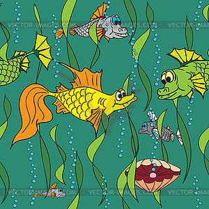 Fish in sea. Seamless texture - vector clipart