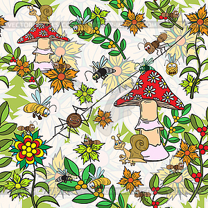 Seamless pattern. Plants, insects, and fungi - vector image