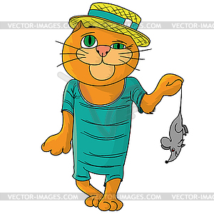 Hilarious cat in straw hat - vector image