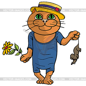 Hilarious cat in straw hat - vector image