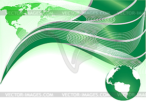 Green abstract background with map and globe - vector image