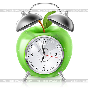 Green apple alarm clock - vector image