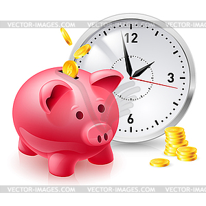 Pink pig bank with coins and clock - vector clipart