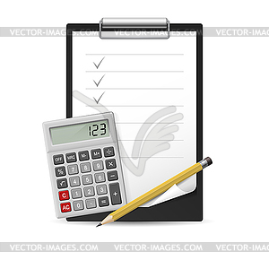 Pencil, calculator and notepad - vector image