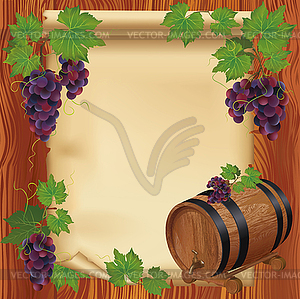 Background with grape, barrel and paper on wooden - vector image