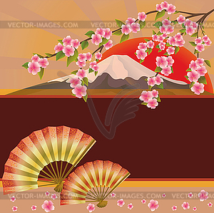 Background with fan, mountain and sakura blossom - - vector clipart