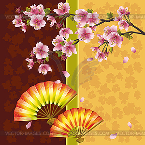 Japanese background with sakura cherry tree and fans - royalty-free vector image