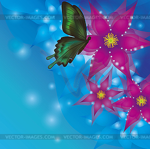 Фон с экзотическими цветами и бабочки - векторизованное изображение клипарта