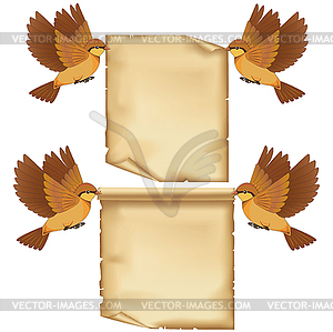 Set of flying birds cartoon with sheet of paper - vector clipart