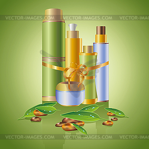 Set of skin care cosmetics with decorative leaves - vector clipart / vector image