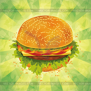 Tasty hamburger on grunge background - vector image