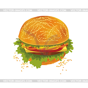 Tasty hamburger with tomato, pepper, cheese - vector clip art