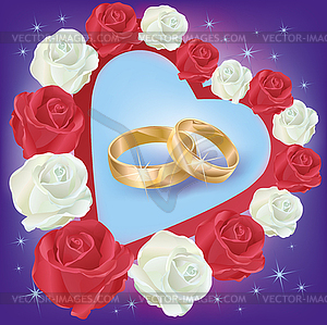 Wedding rings with white and red roses - vector clip art