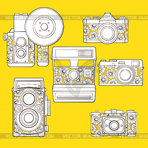 Vintage photo cameras set with floral pattern - vector clipart