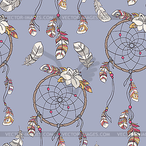 Seamless ethnic ornate dreamcatcher pattern - vector image