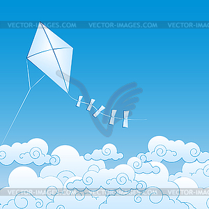 Paper kite up in clouds - vector clip art